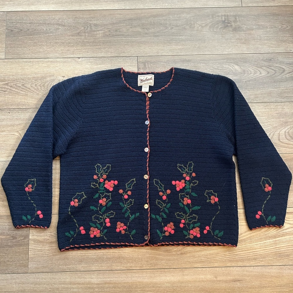 Woolrich Embroidered Wool Cardigan Navy Floral Button Front Sweater